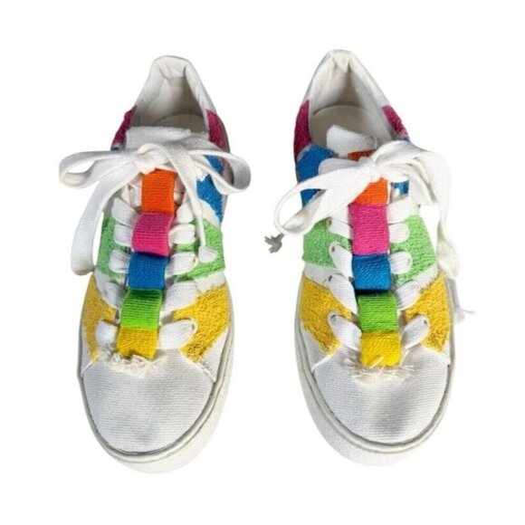 Farm Rio Women's Sz 8 Rainbow Terry Flatform Sneakers Pink Green Blue - Picture 2 of 14